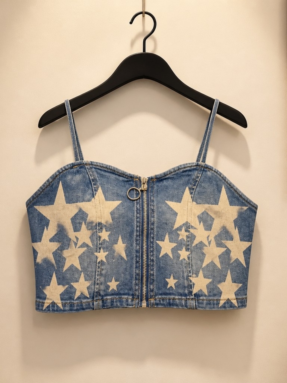 Denim Star Print Zip Front Crop Top - Blue & Cream